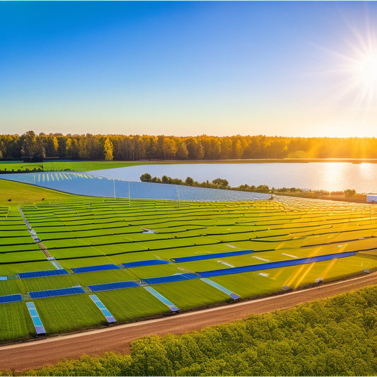 A vibrant community solar farm with rows of solar panels glistening under the sun, surrounded by diverse local residents planting trees, biking, and gathering, symbolizing unity and sustainable energy independence in a lush, green landscape.