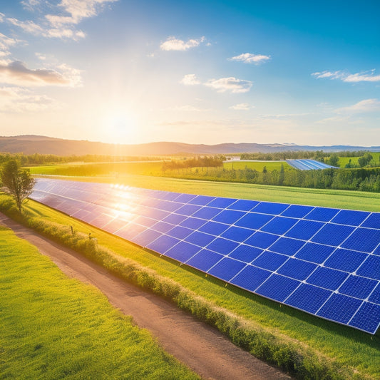 A vibrant solar farm with gleaming panels under a blue sky, surrounded by lush greenery and wind turbines, showcasing a harmonious blend of nature and technology in a thriving, eco-friendly business landscape.