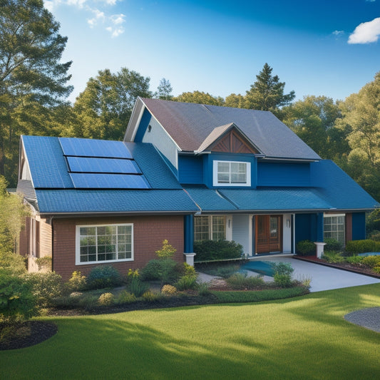 A serene suburban home with a mix of blue and brown roof tiles, surrounded by lush green trees, with a prominent solar panel installation on the roof, angled towards the sun.