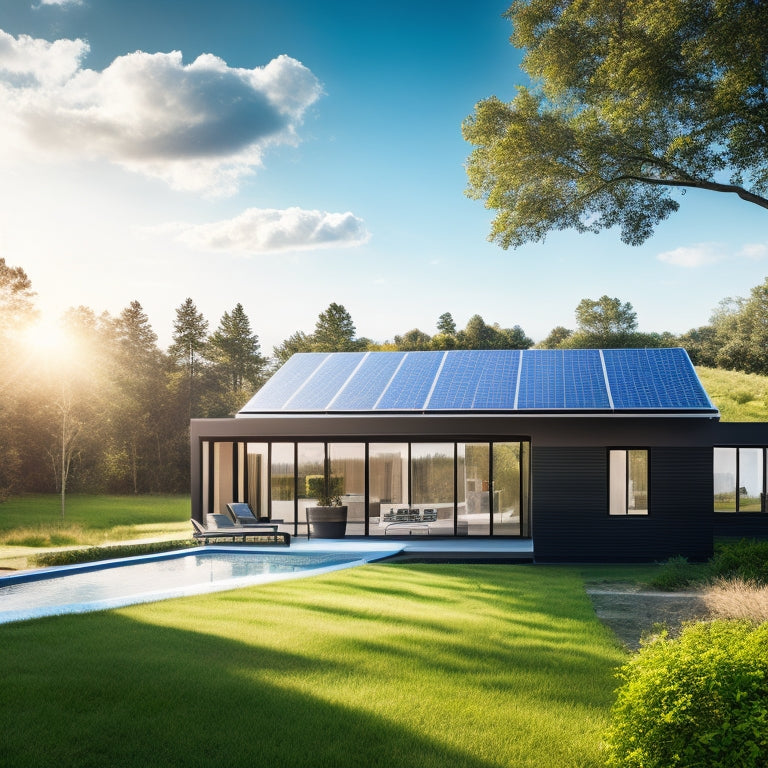 A serene landscape with a modern, sleek house in the background, featuring a roof covered in shiny, black solar panels, surrounded by lush greenery and a bright blue sky with a few puffy white clouds.