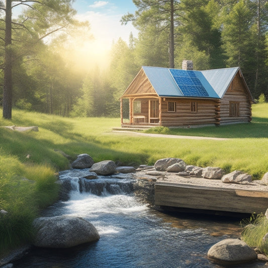 A serene off-grid landscape featuring a rustic cabin surrounded by lush greenery, solar panels glistening in sunlight, a clear blue sky above, and a tranquil stream flowing nearby, emphasizing sustainable energy harmony.