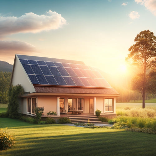 An illustration of a house with a bright sun shining down, solar panels on the roof, and a subtle glow emanating from the windows, surrounded by lush greenery and a few wind turbines in the distance.