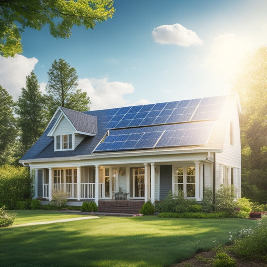 A serene suburban home with solar panels on its roof, surrounded by lush green trees, a bright blue sky with a few white clouds, and a subtle sunburst in the background.