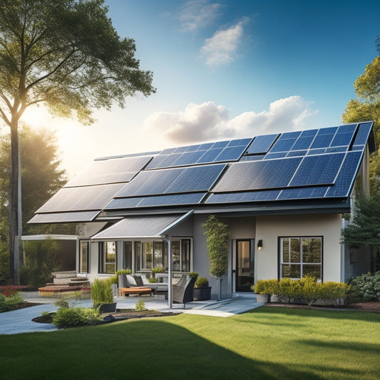 A serene suburban home with a mix of black and silver solar panels on its roof, surrounded by lush greenery and a bright, sunny sky with a few wispy clouds.