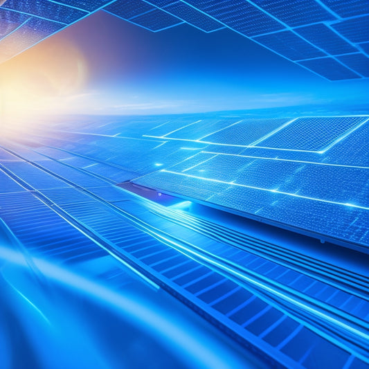 A futuristic, high-tech background with sleek, silver solar panels arranged in a diagonal pattern, surrounded by glowing blue circuits and microchips, with sunlight rays illuminating the entire scene.