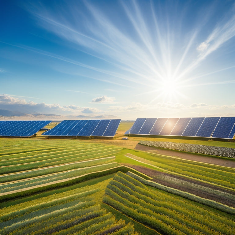 A serene landscape with a sprawling solar farm in the foreground, featuring rows of sleek, silver panels angled towards a brilliant blue sky with only a few wispy clouds.