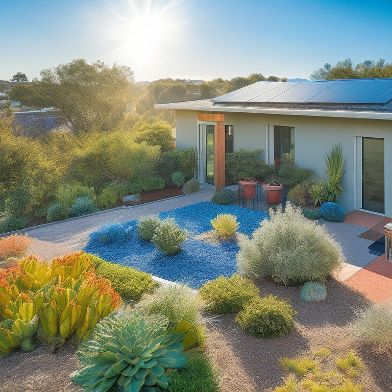 A vibrant rooftop garden with succulents and native plants, solar panels glinting in the sun, and a rainwater collection system, all set against a clear blue sky, showcasing a sustainable home environment.