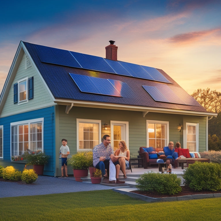 A suburban house with solar panels on the roof, a family examining an electricity bill, a technician installing panels, and a sun setting in the background highlighting the panels.