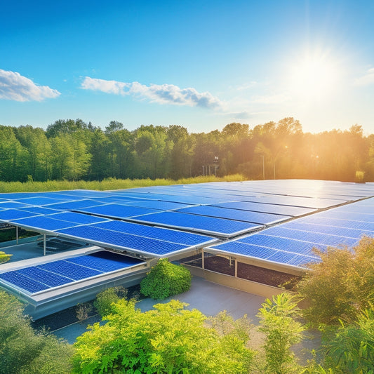 A bright, sunlit rooftop adorned with sleek solar panels, surrounded by lush greenery and a clear blue sky, illustrating the harmony between technology and nature, with rays of sunlight reflecting off the panels.