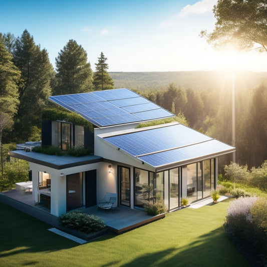 A modern home with sleek, rooftop solar panels glistening in bright sunlight, surrounded by lush greenery and a clear blue sky, illustrating energy efficiency and eco-friendly living.