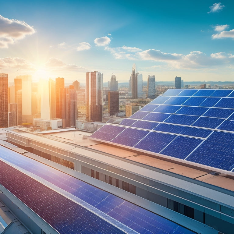 An illustration of a cityscape with sleek, modern buildings, each rooftop adorned with sleek solar panels, surrounded by a bright blue sky with fluffy white clouds and a subtle sun.