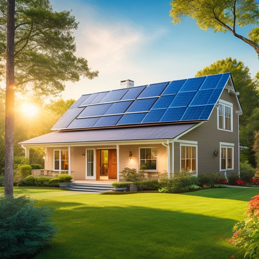 A serene suburban home with solar panels installed on the roof, surrounded by lush green trees, with a subtle sunbeam highlighting a single panel's edge.