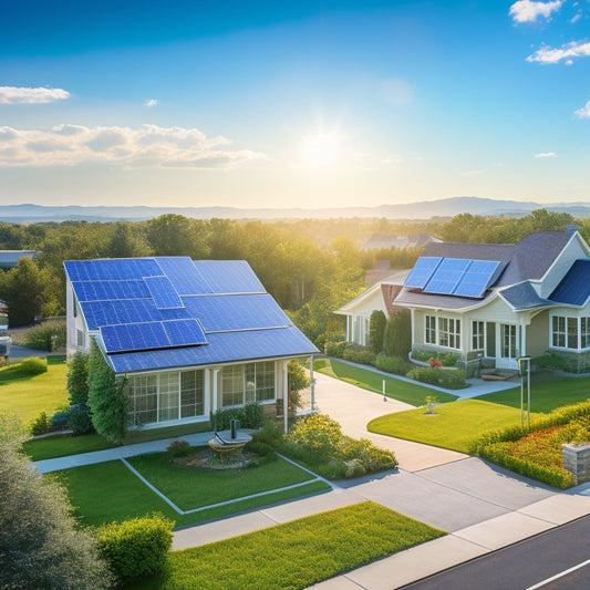 A serene, sun-kissed suburban landscape with a mix of rooftops, each featuring a different solar panel arrangement, surrounded by lush greenery and a clear blue sky with a few wispy clouds.