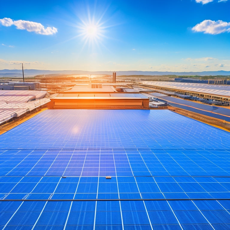 A sprawling factory rooftop with rows of sleek, high-efficiency solar panels angled at 30 degrees, reflecting a clear blue sky and surrounded by industrial machinery and piping.