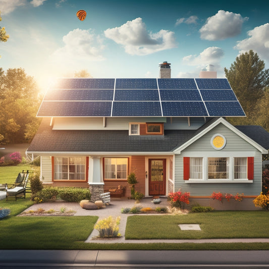 An illustration of a suburban home with solar panels on the roof, surrounded by icons representing various cost factors, including a money bag, a hammer, a ruler, and a satellite dish.