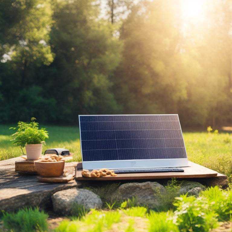 A minimalist illustration featuring a laptop and a solar panel on a camping table, surrounded by lush greenery, with a subtle battery icon in the background, and a faint world map in the distance.