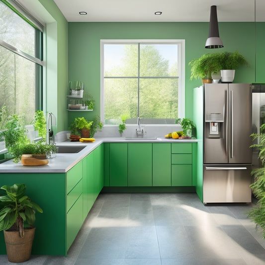 A modern kitchen featuring sleek, stainless steel energy-efficient appliances like a refrigerator, oven, and dishwasher. Natural light streams through large windows, illuminating green potted herbs on the countertop and a recycling bin nearby.