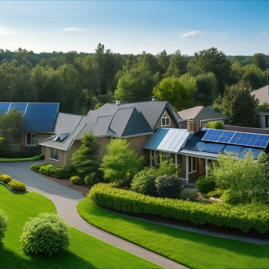 A serene suburban neighborhood with sleek, black solar panels installed on rooftops, amidst lush green trees and a bright blue sky with a few wispy clouds, conveying eco-friendliness and sustainability.