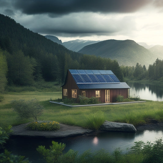 A serene landscape featuring solar panels on a remote cabin, surrounded by lush greenery, with storm clouds in the distance. A small garden and a water collection system enhance the off-grid living theme.