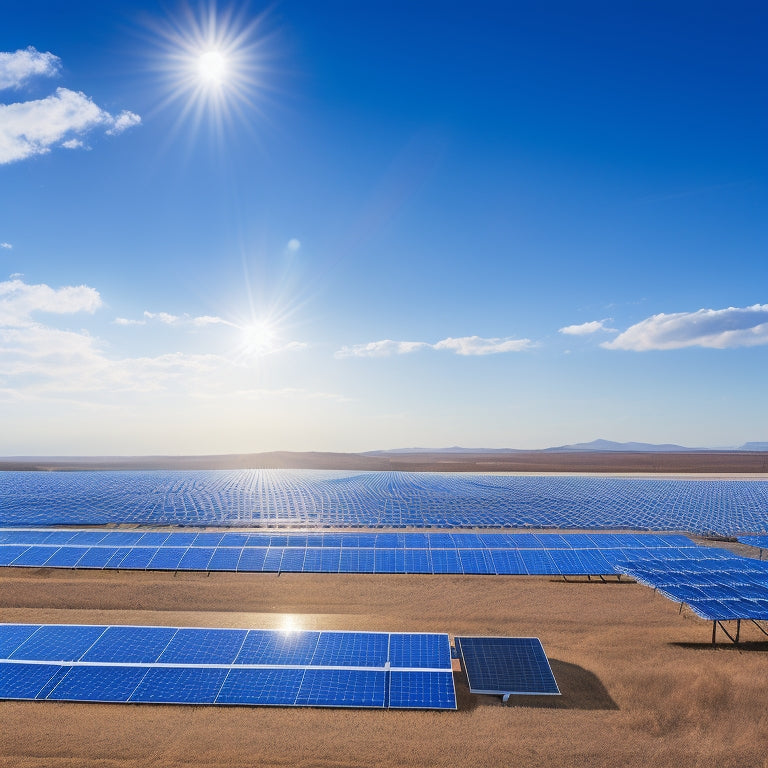 A serene, sun-drenched landscape with multiple rows of sleek, silver solar panels, some with single-axis trackers and others with dual-axis trackers, against a bright blue sky with a few wispy clouds.