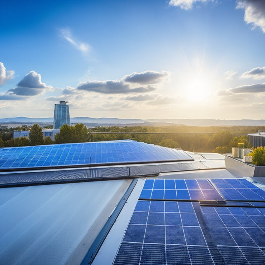 A futuristic residential rooftop with sleek, black solar panels, angled at 30 degrees, surrounded by sleek, silver railings, set against a bright blue sky with fluffy white clouds.