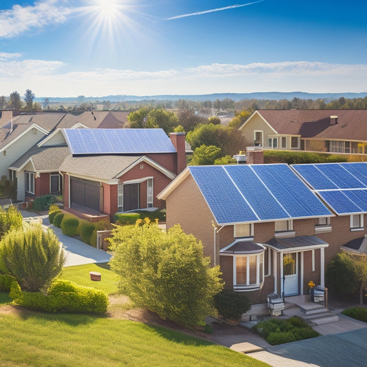 A bright, sunny day with a suburban neighborhood in the background, featuring several houses with different types of solar panels installed on their rooftops, with a few panels stacked in the foreground.