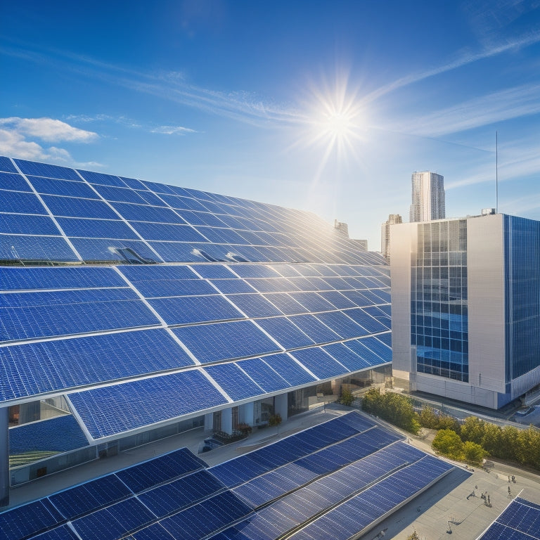 A modern office building with a sleek, silver rooftop, partially covered in a grid of dark blue solar panels, surrounded by city skyscrapers under a bright blue sky with fluffy white clouds.