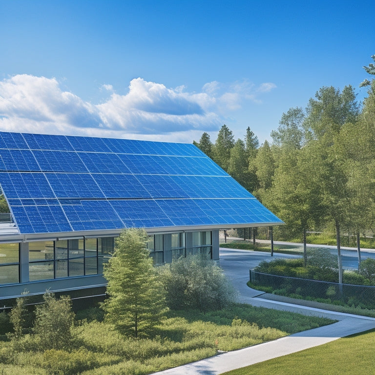 A vibrant solar panel installation atop a modern office building, with sunlight reflecting off the panels, surrounded by green trees and a clear blue sky, while workers inside analyze energy savings on digital screens.