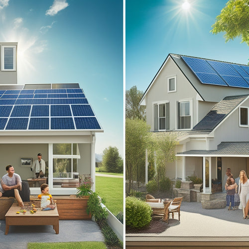 A split image: one side features a sunny rooftop with solar panels being installed, showcasing a happy family; the other side displays a bank with coins and bills, symbolizing financial choices.