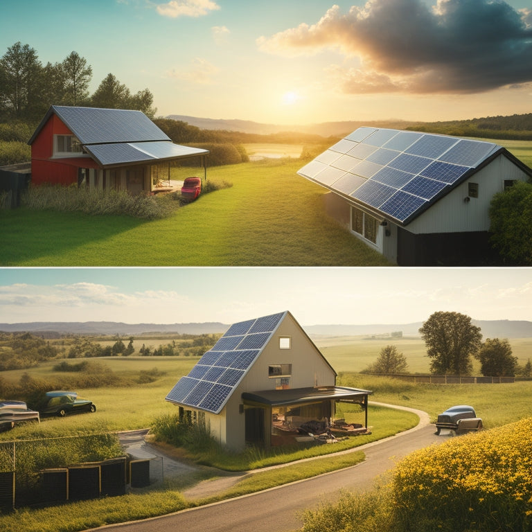 A split-screen image: a cluttered, pollution-filled cityscape on one side, contrasting with a serene, sun-drenched rural landscape featuring a small house with sleek, modern solar panels on its roof.