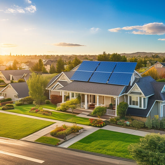 A serene suburban neighborhood with 5-7 residential homes, each featuring a unique blue sky solar panel model installed on rooftops, showcasing varying panel sizes, shapes, and mounting styles.