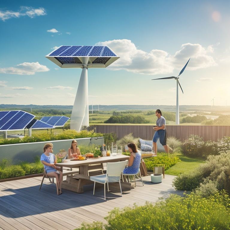 A sun-drenched rooftop adorned with sleek solar panels, surrounded by vibrant greenery, showcases a family enjoying a picnic. In the background, a clear blue sky and wind turbines symbolize harmony with nature and sustainable energy.