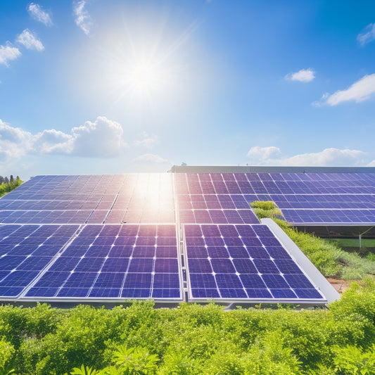 A futuristic solar panel array on a sleek, modern rooftop, showcasing transparent solar cells, integrated smart technology, and lush greenery surrounding the installation, under a bright blue sky with fluffy white clouds.