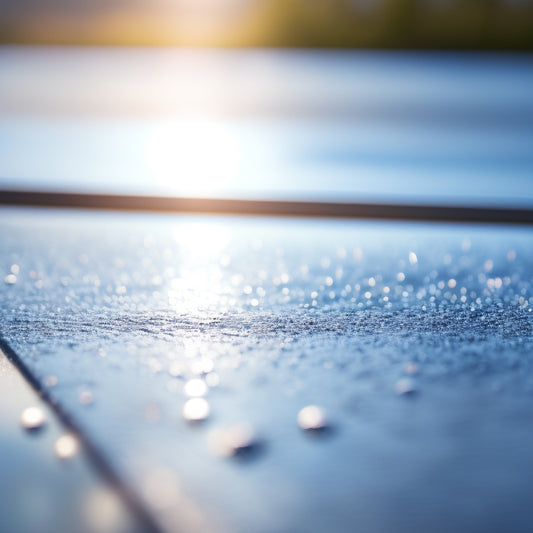 A close-up of a sparkling clean solar panel with water droplets glistening on its surface, surrounded by a blurred background of a sunny day with fluffy white clouds.