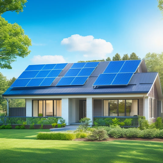 A serene suburban home with a sleek, modern solar panel array on the roof, surrounded by lush greenery and a bright blue sky with a few wispy clouds.