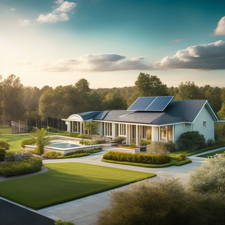 A serene landscape with a suburban home in the foreground, adorned with sleek solar panels on its roof, surrounded by greenery, with a subtle hint of a government building in the background.