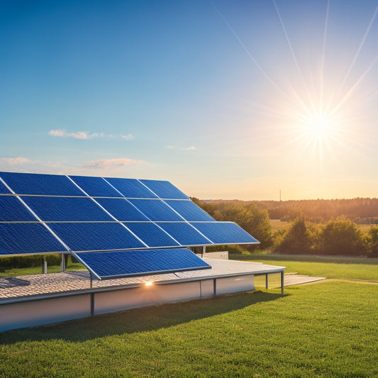 A modern solar panel array on a sunny rooftop, seamlessly integrated with sleek battery storage units; the background shows a clear sky and verdant landscape, symbolizing clean energy and efficient power storage.