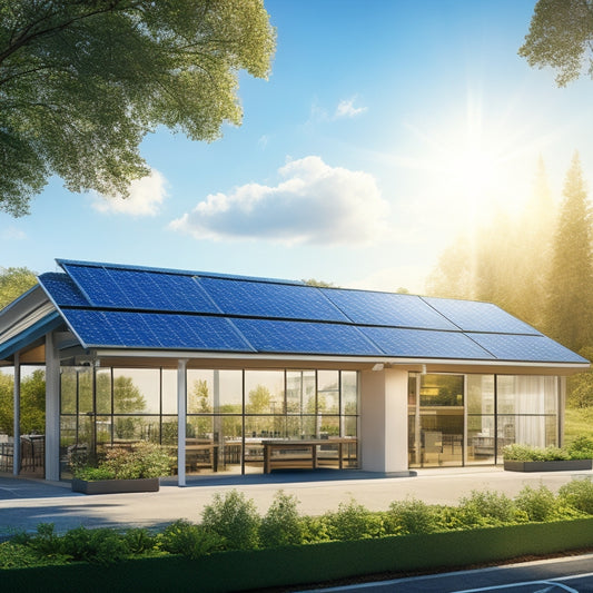 An illustration of a retail storefront with solar panels on the roof, surrounded by lush greenery, with a bright blue sky and a subtle sun symbol above the panels.