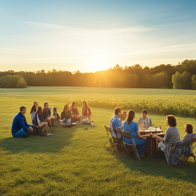 A serene landscape featuring solar panels in a sunlit field, with a diverse group of people engaged in discussion, surrounded by greenery, emphasizing collaboration and sustainability in renewable energy.