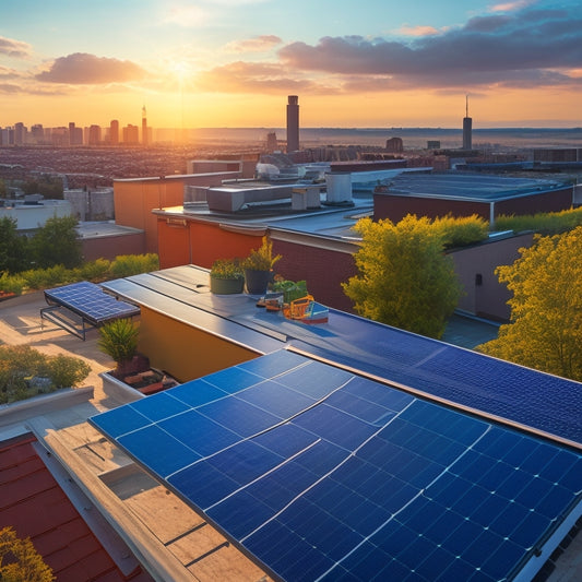 A serene rooftop landscape with a mix of installed solar panels and empty spaces, featuring various roof types, angles, and shading conditions, surrounded by measurement tapes and toolboxes.