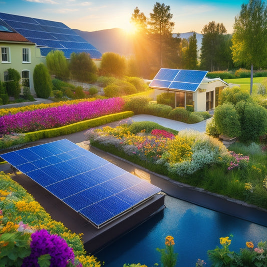 A vibrant landscape featuring different solar panel setups on rooftops, solar gardens with blooming flowers, eco-friendly homes with lush greenery, and a bright sun illuminating the scene, symbolizing sustainable living through solar energy.