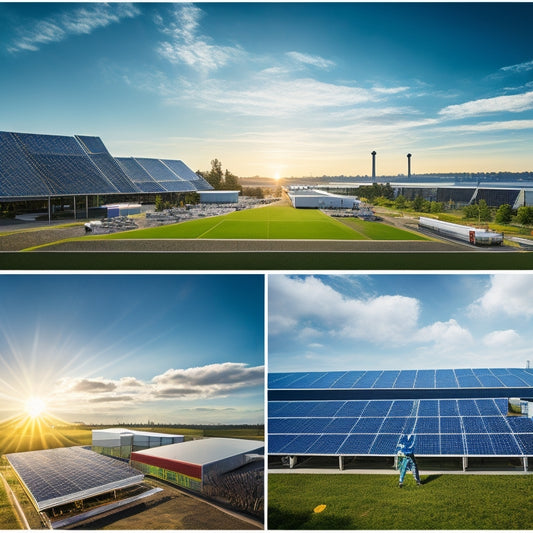 A sprawling manufacturing facility with a sleek, modern design. Roofs adorned with solar panels glisten in the sun, surrounded by green landscapes. Workers in safety gear collaborate, showcasing innovative machinery powered by solar energy.