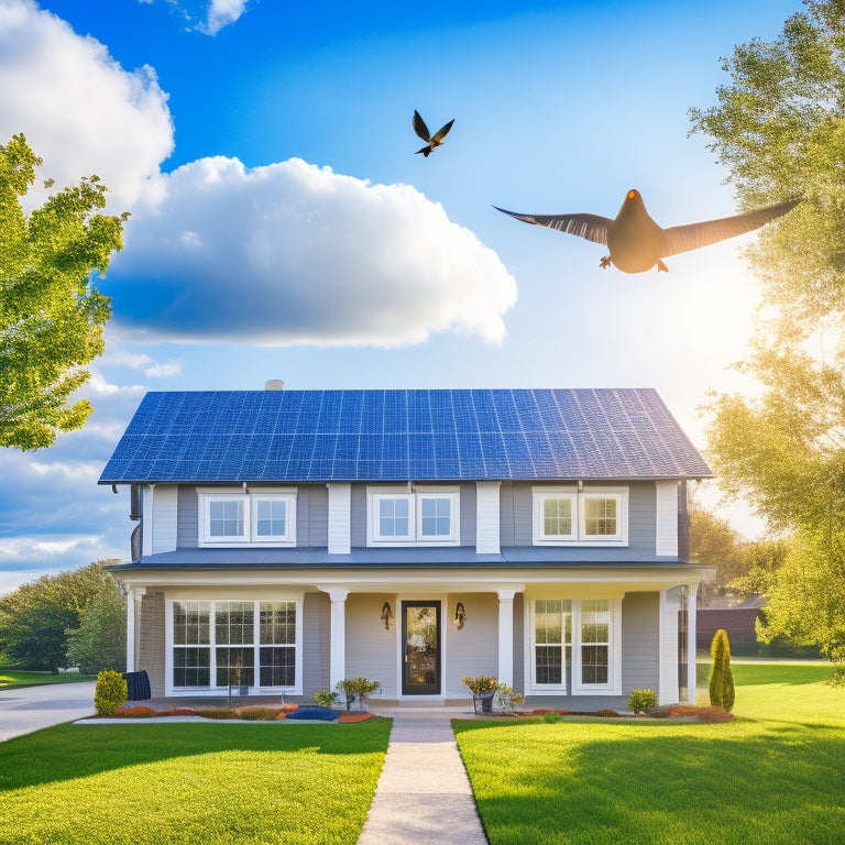 A serene suburban home with a bright blue sky, fluffy white clouds, and a few birds flying overhead, showcasing a roof with three shiny black solar panels installed in a staggered formation.