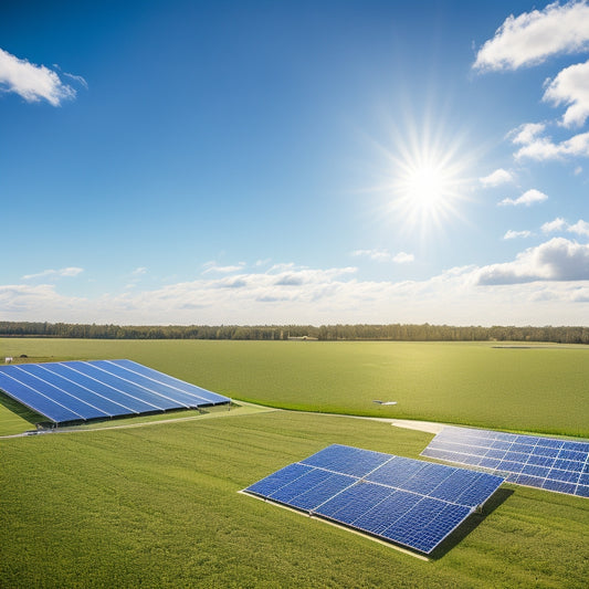 A serene landscape with a modern, sleek, and silver solar farm in the foreground, surrounded by lush greenery and a calm blue sky with a few wispy clouds.