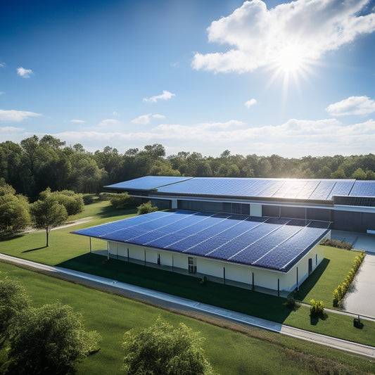 A serene landscape featuring a commercial building with sleek, black solar panels installed on its roof, surrounded by lush greenery and a bright blue sky with a few white, puffy clouds.