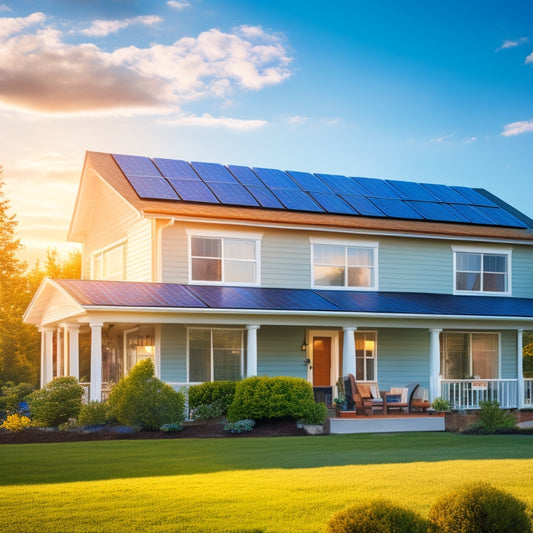 A serene suburban home with solar panels installed on the rooftop, a worker in the background connecting wires, and a bright blue sky with fluffy white clouds.