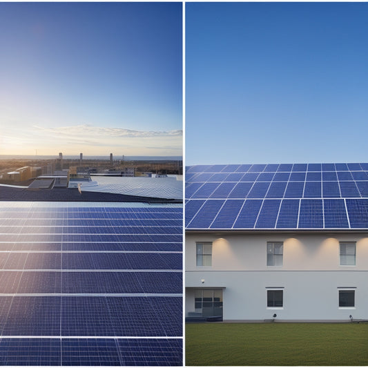 A split-screen image featuring a residential rooftop with sleek, black solar panels and a commercial building with a large, angled solar array, both set against a bright blue sky with fluffy white clouds.