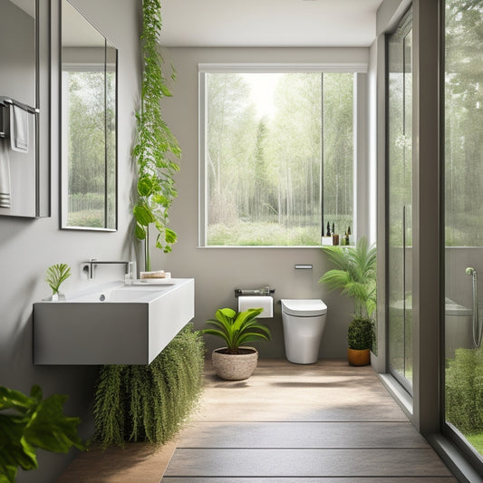 A modern bathroom showcasing sleek water-saving faucets, a low-flow showerhead, and a dual-flush toilet, surrounded by greenery and natural light, emphasizing eco-friendly design and sustainability in a tranquil, stylish setting.