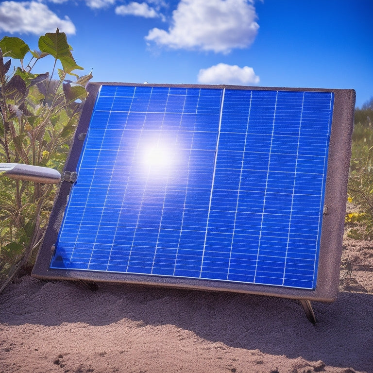 A close-up of a sun-drenched solar panel, partially obscured by dirt and leaves, alongside a neglected toolkit and a frayed user manual, with a bright blue sky and fluffy clouds in the background.