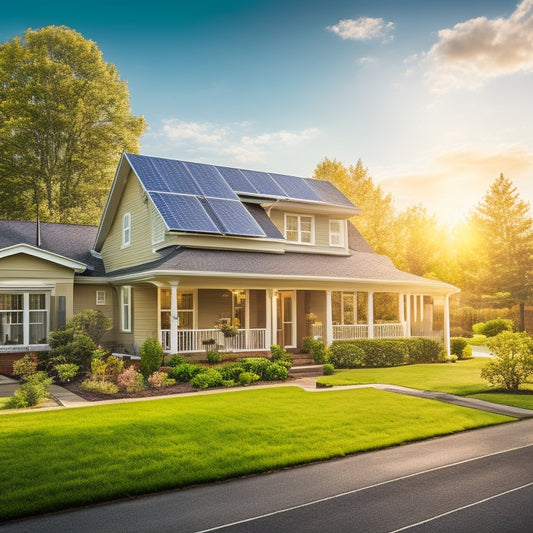 A sunny suburban street with a mix of traditional and modern homes, one featuring prominent solar panels on its roof, with a "for sale" sign on the lawn.